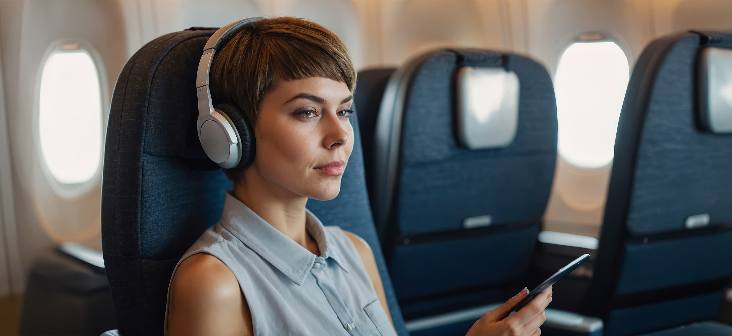 Woman wearing noise-cancelling headphones in an airplane seat
