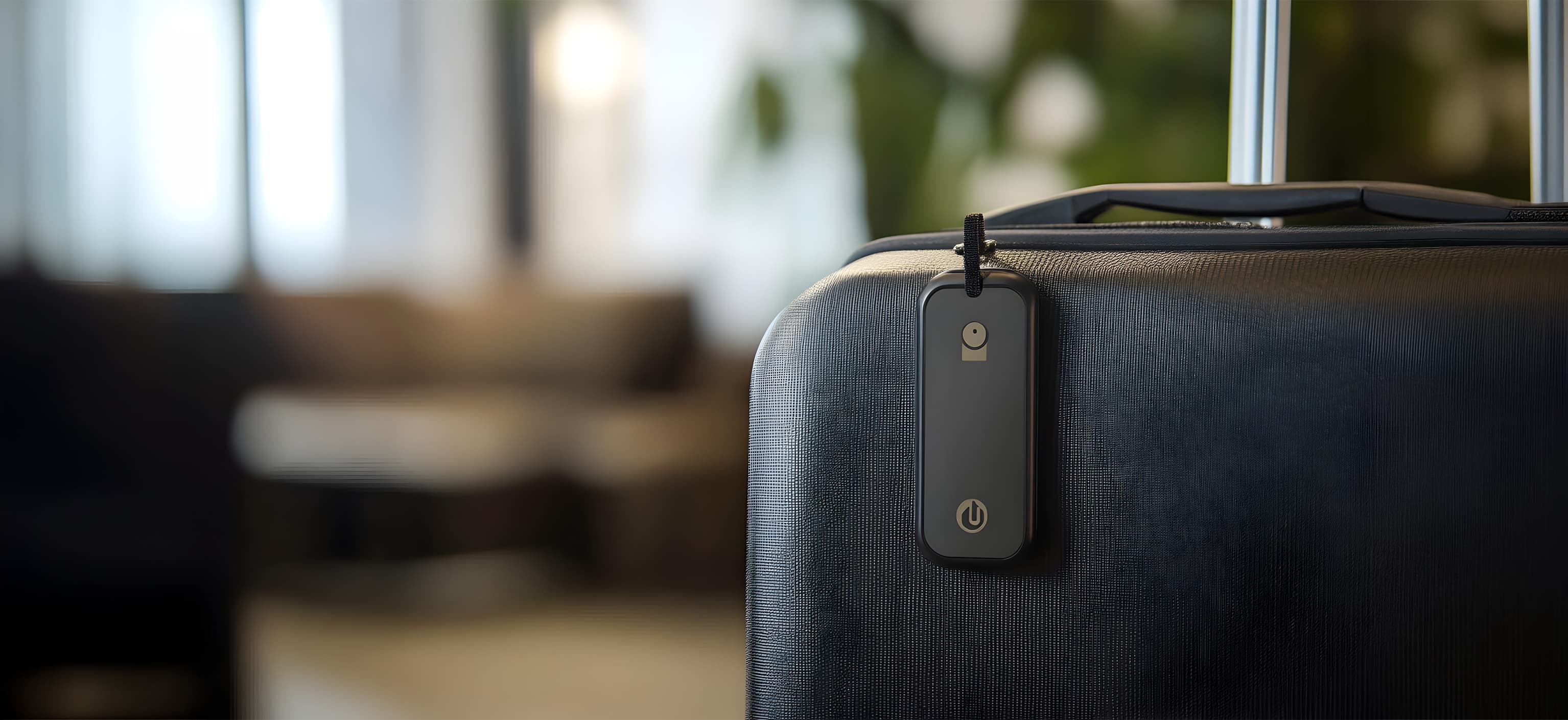 Luggage tracker tag attached to a suitcase handle