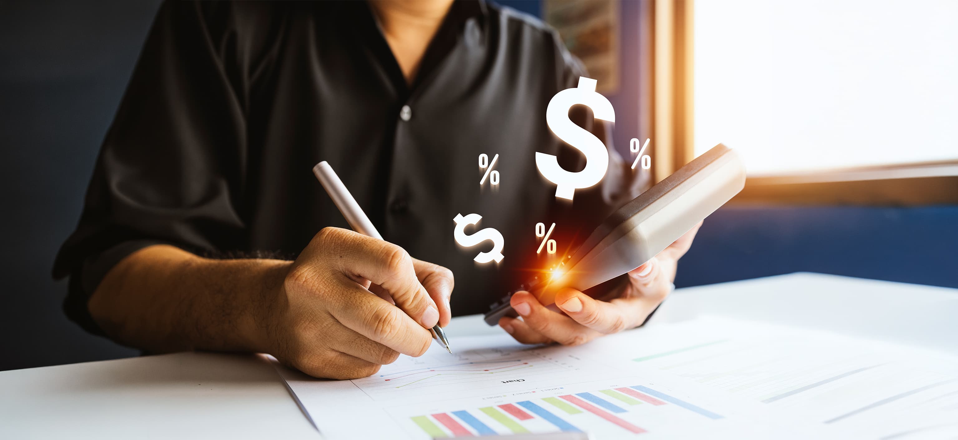 Hands reviewing a financial chart with dollar and percentage icons
